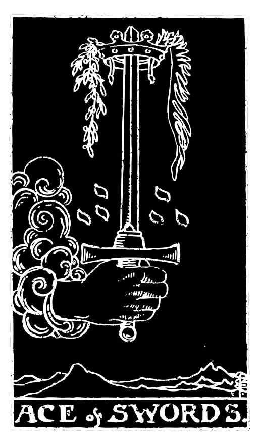 Black-and-white "Ace of Swords" tarot card depicting a sword-wielding hand emerging from a cloud, with the sword bearing a crown and garland of laurel. 