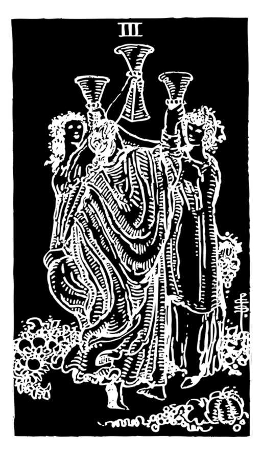 Black-and-white "Three of Cups" tarot card depicting three laurel-crowned women holding cups while happily dancing in a circle.