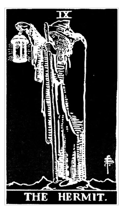 Black-and-white "The Hermit" tarot card depicting a robed figure holding a staff and lantern.
