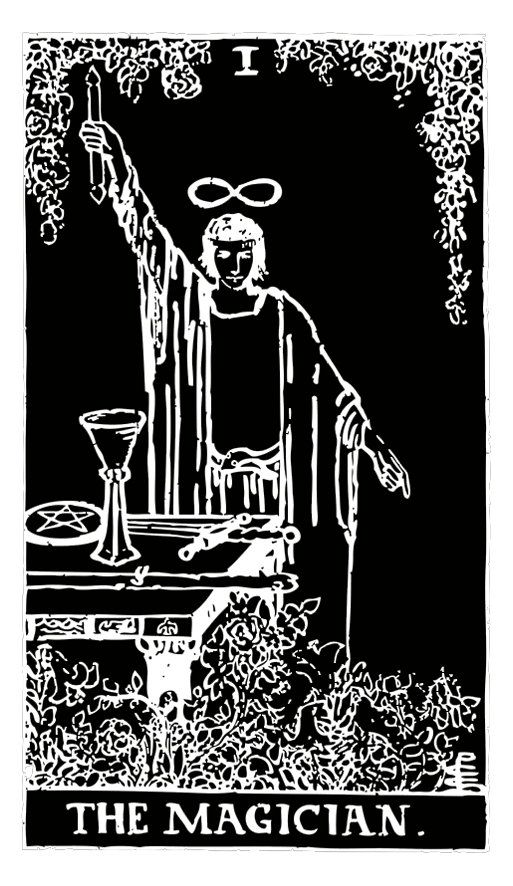 Black-and-white "The Magician" tarot card depicting a robed figure standing at a workbench, holding a wand and crowned with the infinity sign.