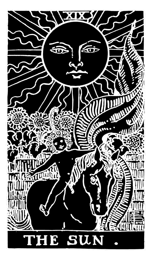 Black-and-white "The Sun" tarot card depicting a baby crowned with flowers, wielding a large flag while happily riding a horse. The background features a garden of sunflowers with a large, beaming Sun that has a face with a neutral expression.